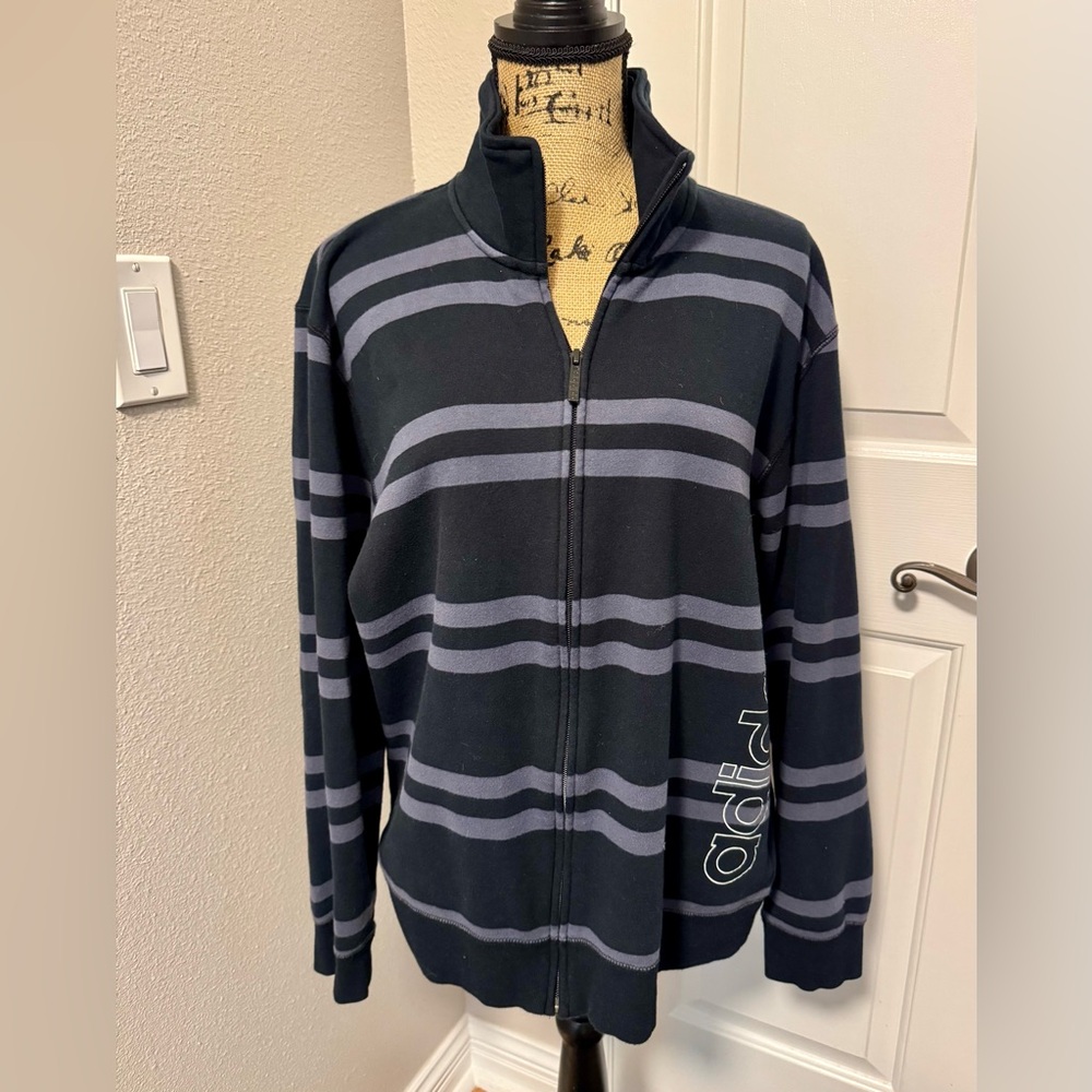 Adidas Men's Black and Gray Striped Sweatshirt, Size XL